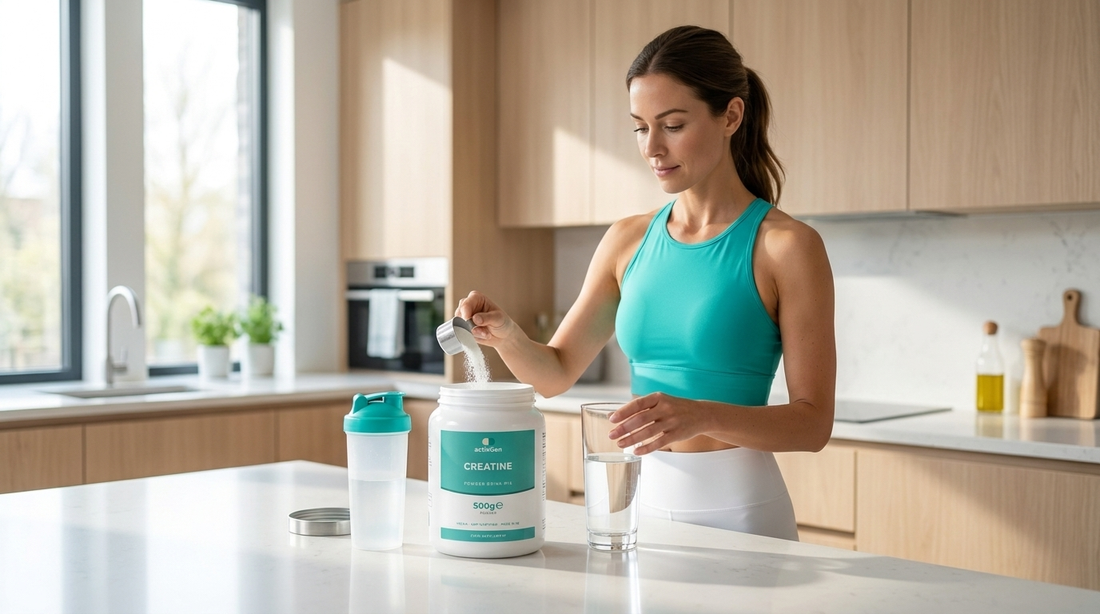 Woman in athletic wear scooping unflavoured creatine monohydrate powder into a glass of water in a bright kitchen, with the ActivGen Wellness creatine tub on the worktop
