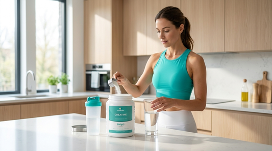 Woman in athletic wear scooping unflavoured creatine monohydrate powder into a glass of water in a bright kitchen, with the ActivGen Wellness creatine tub on the worktop
