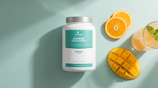ActivGen Marine Collagen tub on a pale-teal surface with fresh orange and mango and a glass of collagen drink