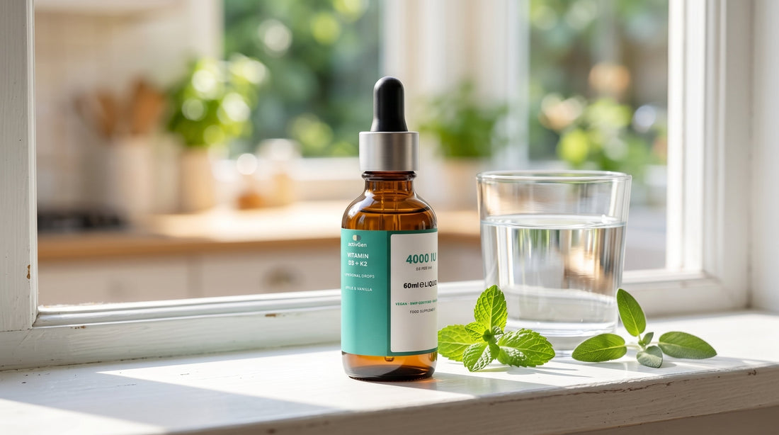 ActivGen Vitamin D3 + K2 dropper bottle on a sunlit kitchen windowsill in summer morning light