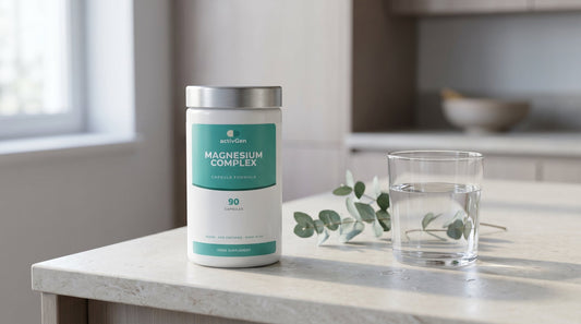 ActivGen Magnesium Complex tub on a pale stone surface with water and eucalyptus in soft daylight