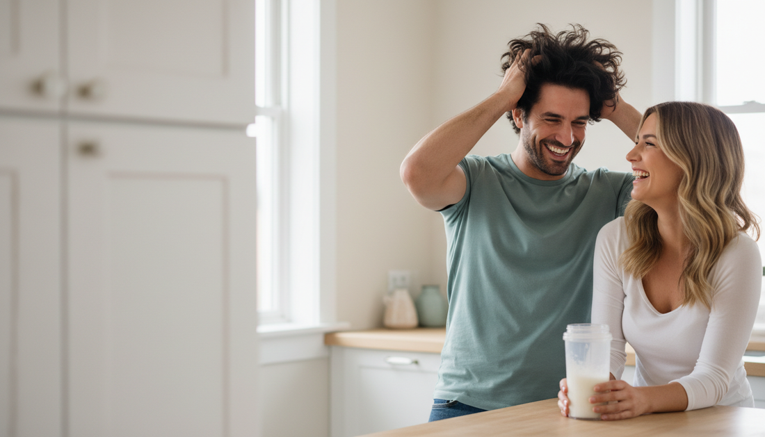 Happy man with a full head of hair running his hands through it beside a smiling woman, with a creatine shake on the kitchen counter