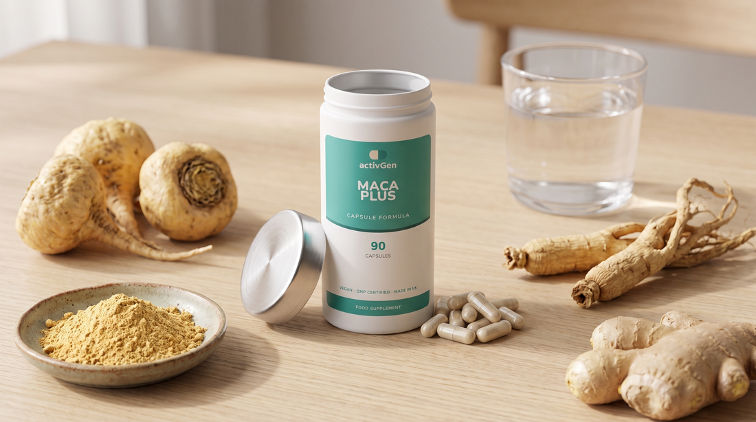 ActivGen Maca Plus supplement pot on oak with raw Peruvian maca root, maca powder and a glass of water