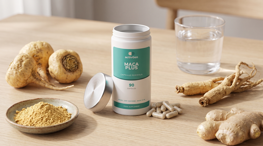 ActivGen Maca Plus supplement pot on oak with raw Peruvian maca root, maca powder and a glass of water