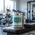 ActivGen creatine tub on a gym bench beside a water bottle and towel