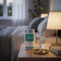Magnesium Complex pot on a bedside table with a glass of water