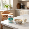 Little Tummies tub on a kitchen counter with a child's breakfast