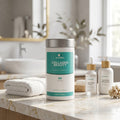 Collagen Beauty pot on a bathroom vanity with skincare bottles