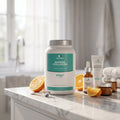 Marine Collagen tub on a bathroom vanity with skincare and orange slices