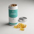 Omega 3-6-9 golden softgel capsules beside the open pot