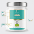 Super Greens tub with 35+ organic greens, spirulina and wheatgrass, 300g callouts