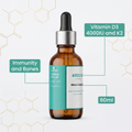 Vitamin D3 + K2 dropper bottle with D3 4000IU and K2, immunity and bones callouts