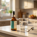 Vitamin D3 + K2 dropper bottle on a kitchen counter in morning sunlight