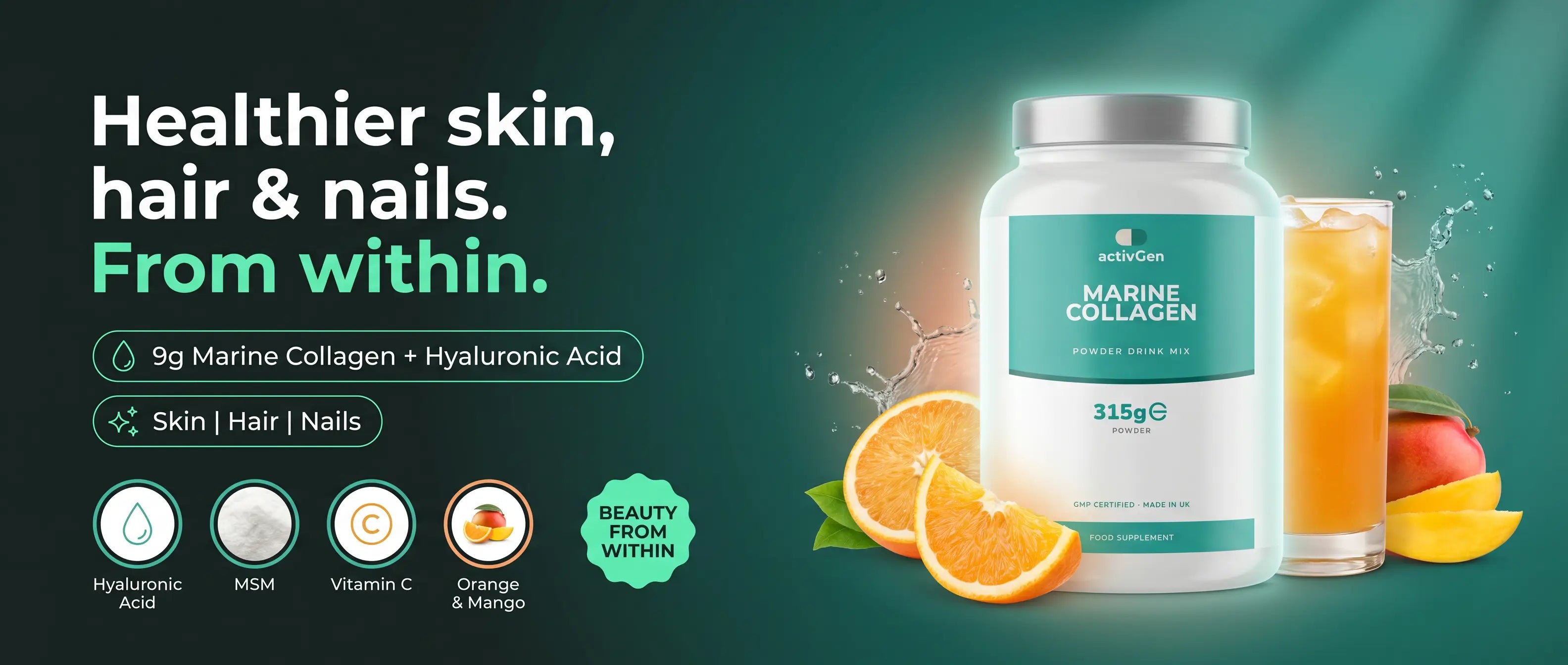 activGen Marine Collagen — healthier skin, hair & nails from within. 9g collagen plus hyaluronic acid.