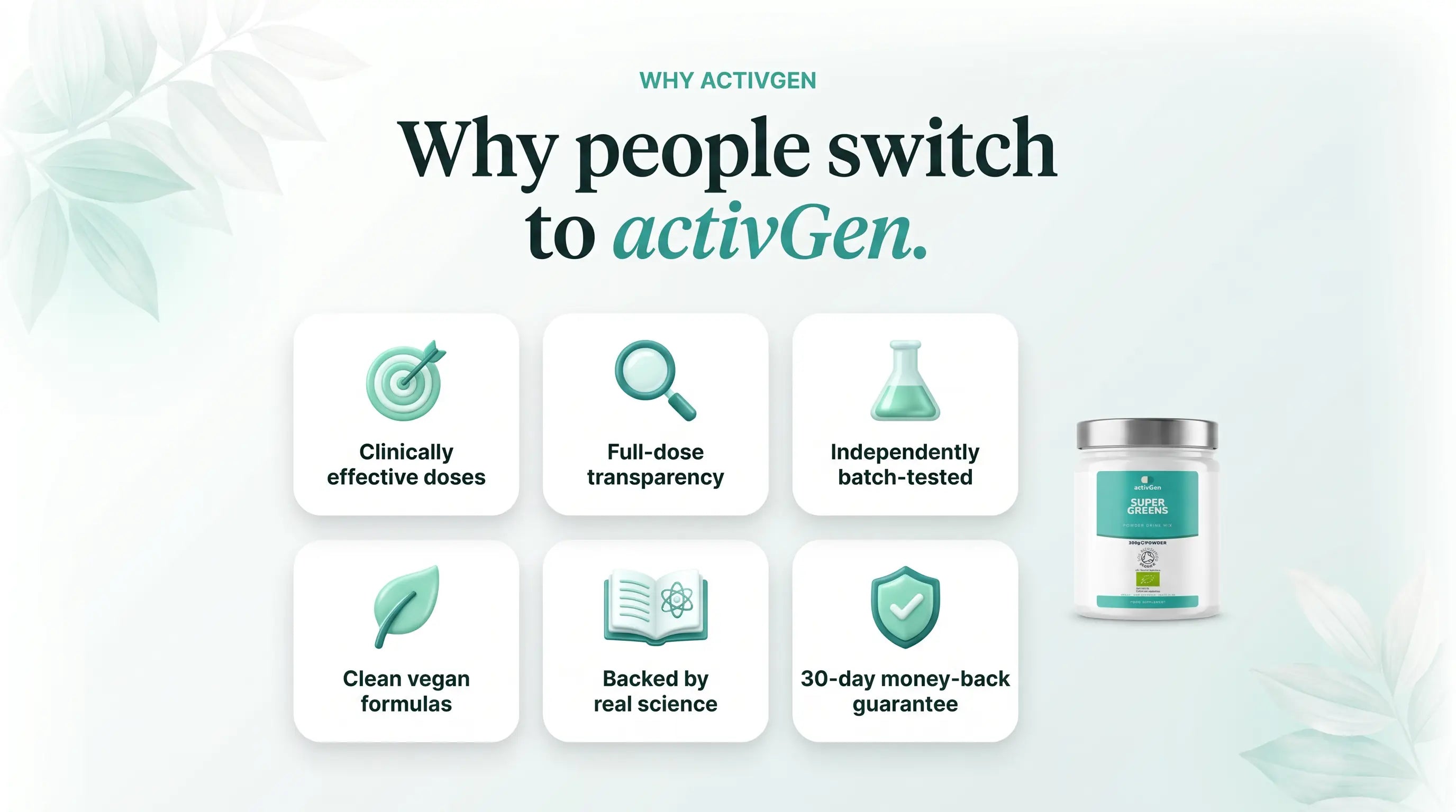 Why people switch to activGen — clinically dosed, transparent, batch-tested, vegan, science-backed, 30-day guarantee